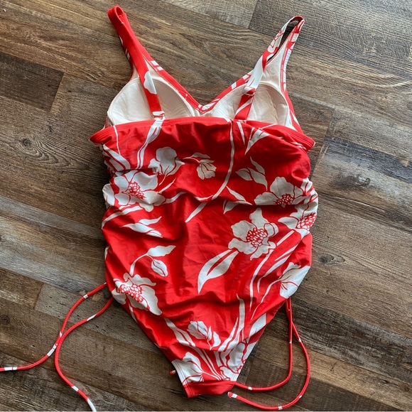 Kona Sol Red Floral Cinch Side Tie One Piece Swimsuit - Picture 2 of 12